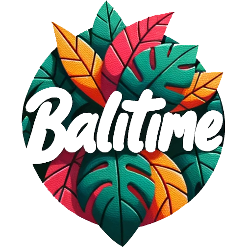 DALL·E 2023-10-17 10.39.14 – On a white canvas, a logo is presented. The logo is a cartoon-like circle brimming with tropical leaves in radiant shades. ‘BaliTime’ is emblazoned in